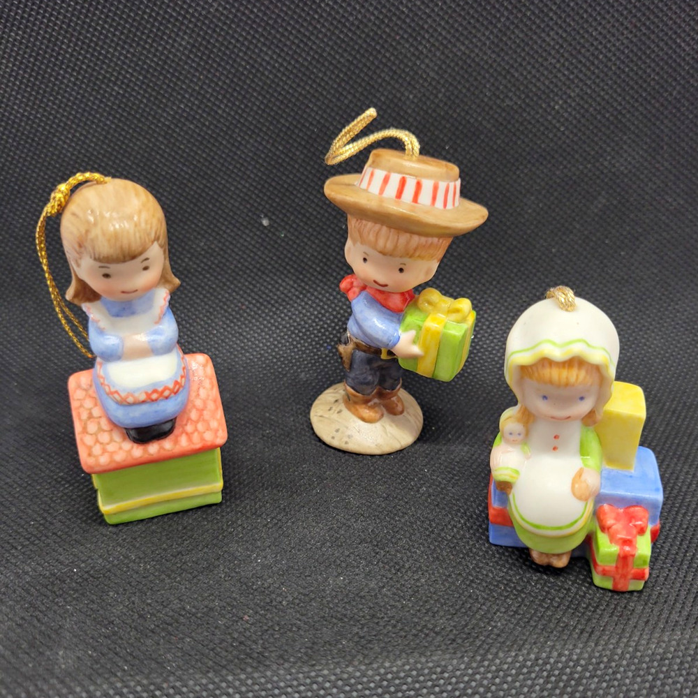 Vintage 1983 Porcelain Christmas Ornaments Lot of 3 Children Gifts Signed AJ
